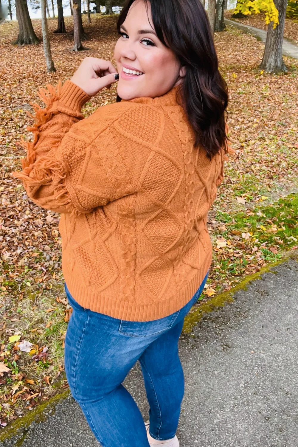Rust Cable Knit Tassel Fringe Sweater
