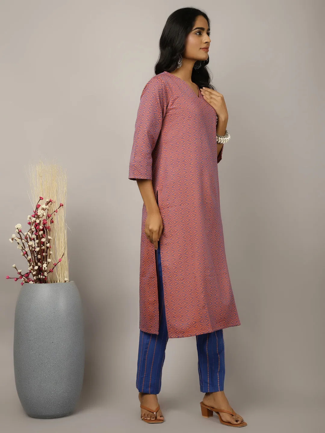 Self Design Peach Suit Set