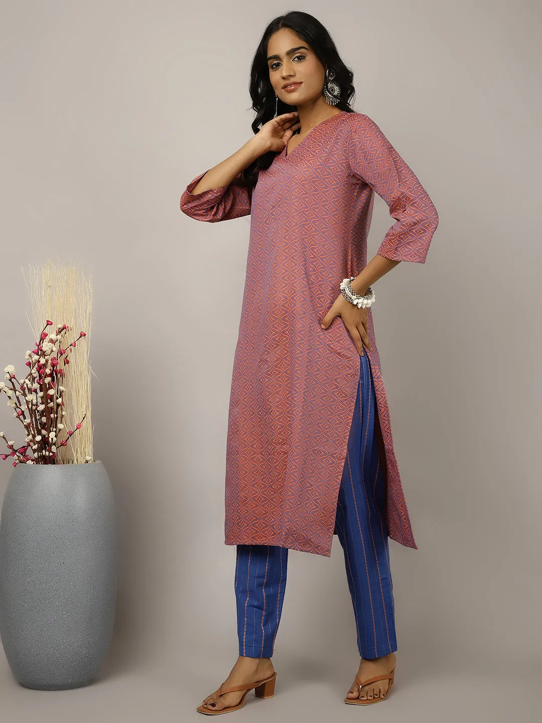 Self Design Peach Suit Set
