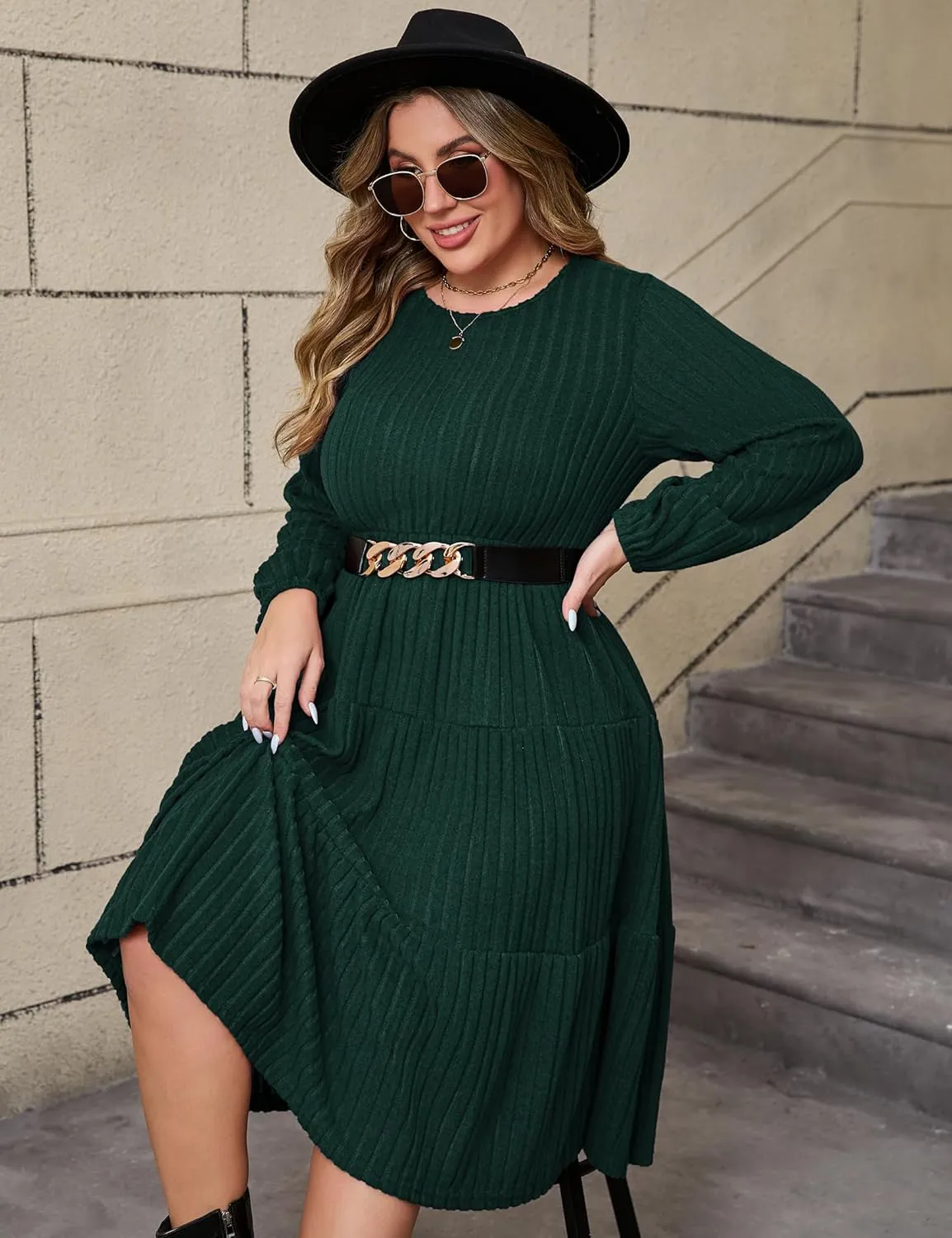 ShopWonder Women Plus Size Knit Sweater Dress Round Neck Long Sleeves Comfy Pullover Winter Midi Dress with Belt