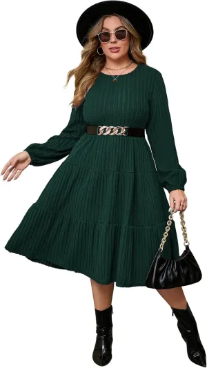 ShopWonder Women Plus Size Knit Sweater Dress Round Neck Long Sleeves Comfy Pullover Winter Midi Dress with Belt