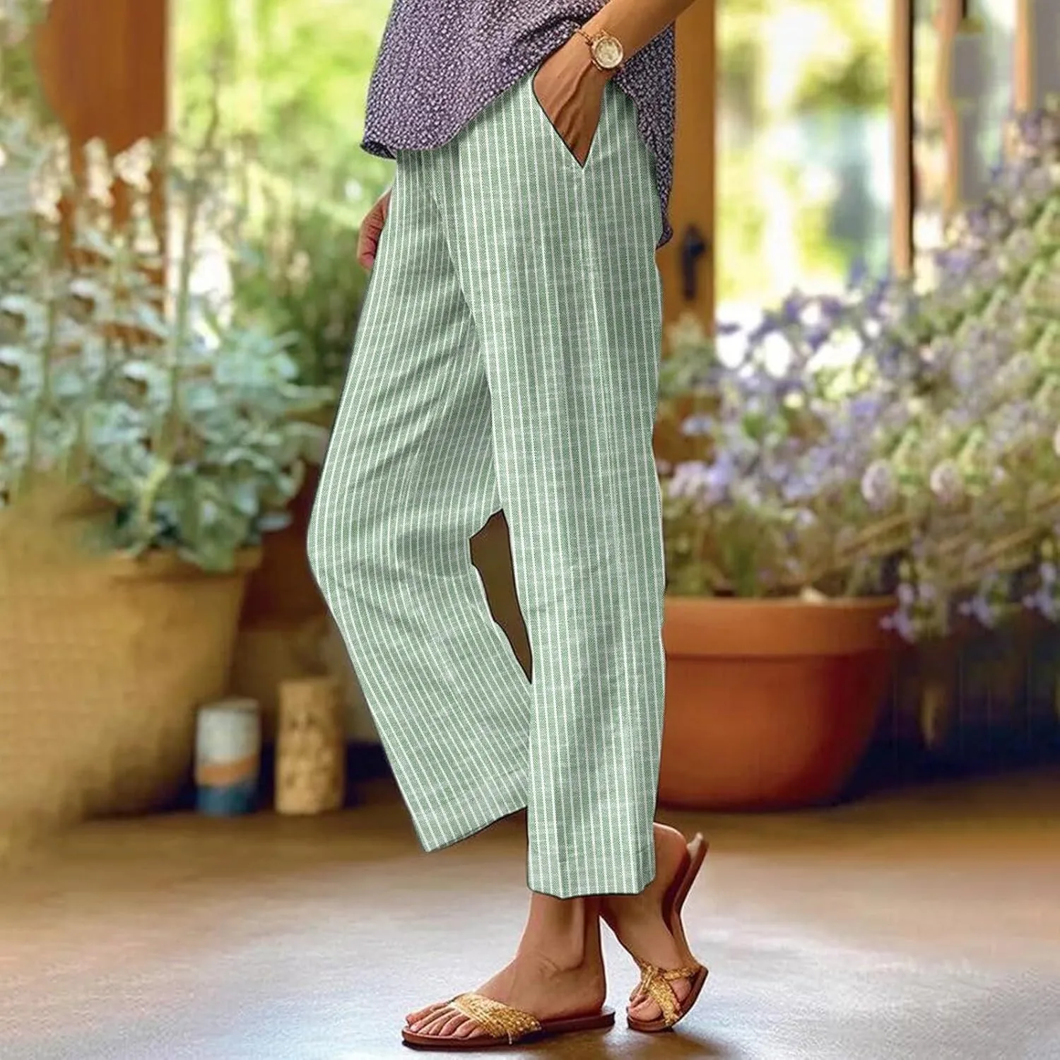 Side Stripe Pants Women for Beach Vacation Clothes for Womens Linen Straight Leg Capri Pants with Pockets
