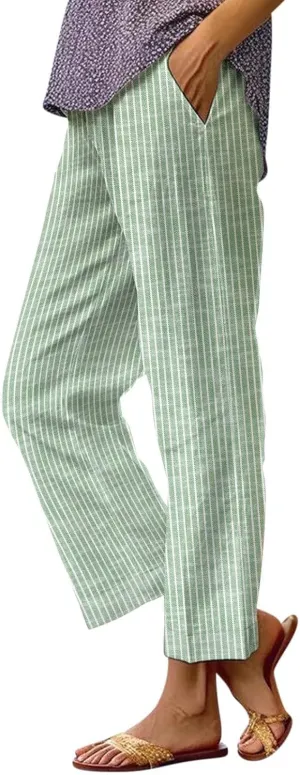 Side Stripe Pants Women for Beach Vacation Clothes for Womens Linen Straight Leg Capri Pants with Pockets