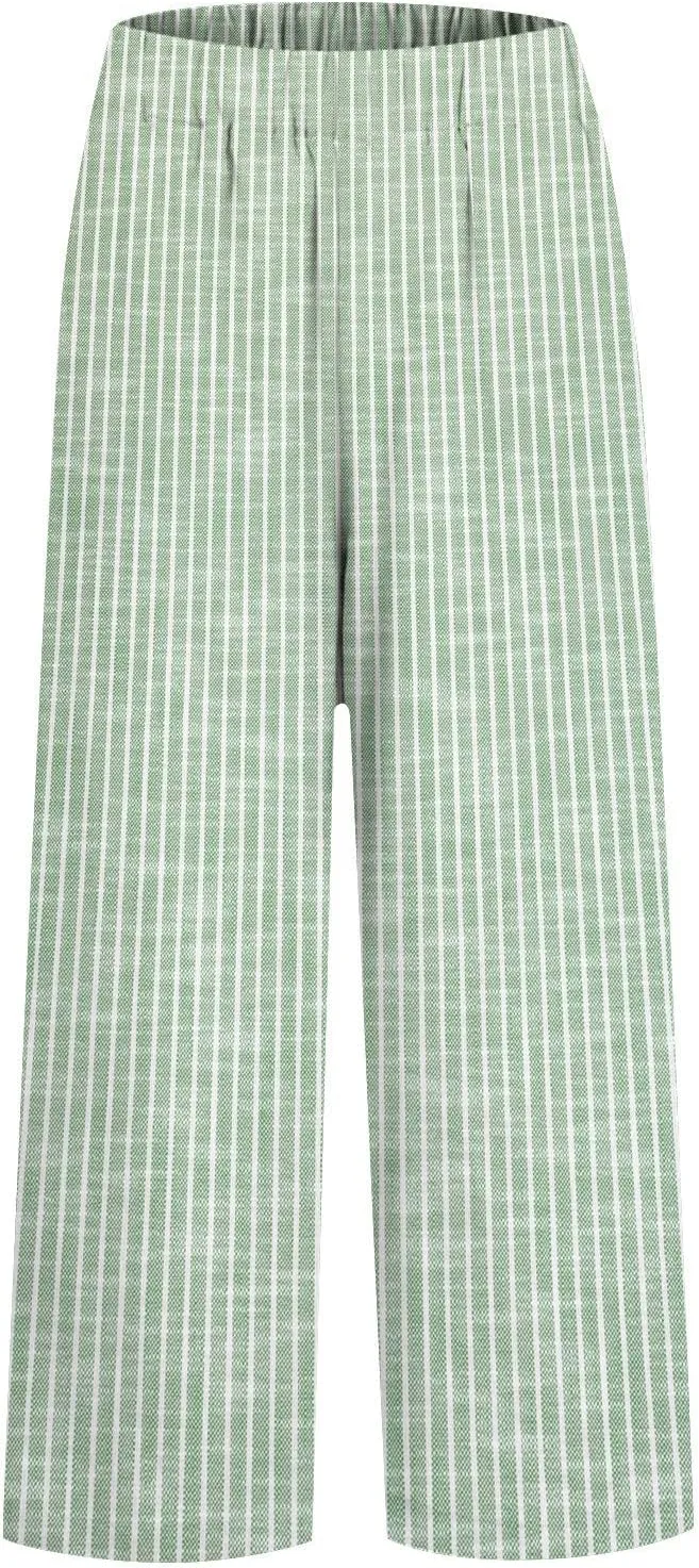 Side Stripe Pants Women for Beach Vacation Clothes for Womens Linen Straight Leg Capri Pants with Pockets