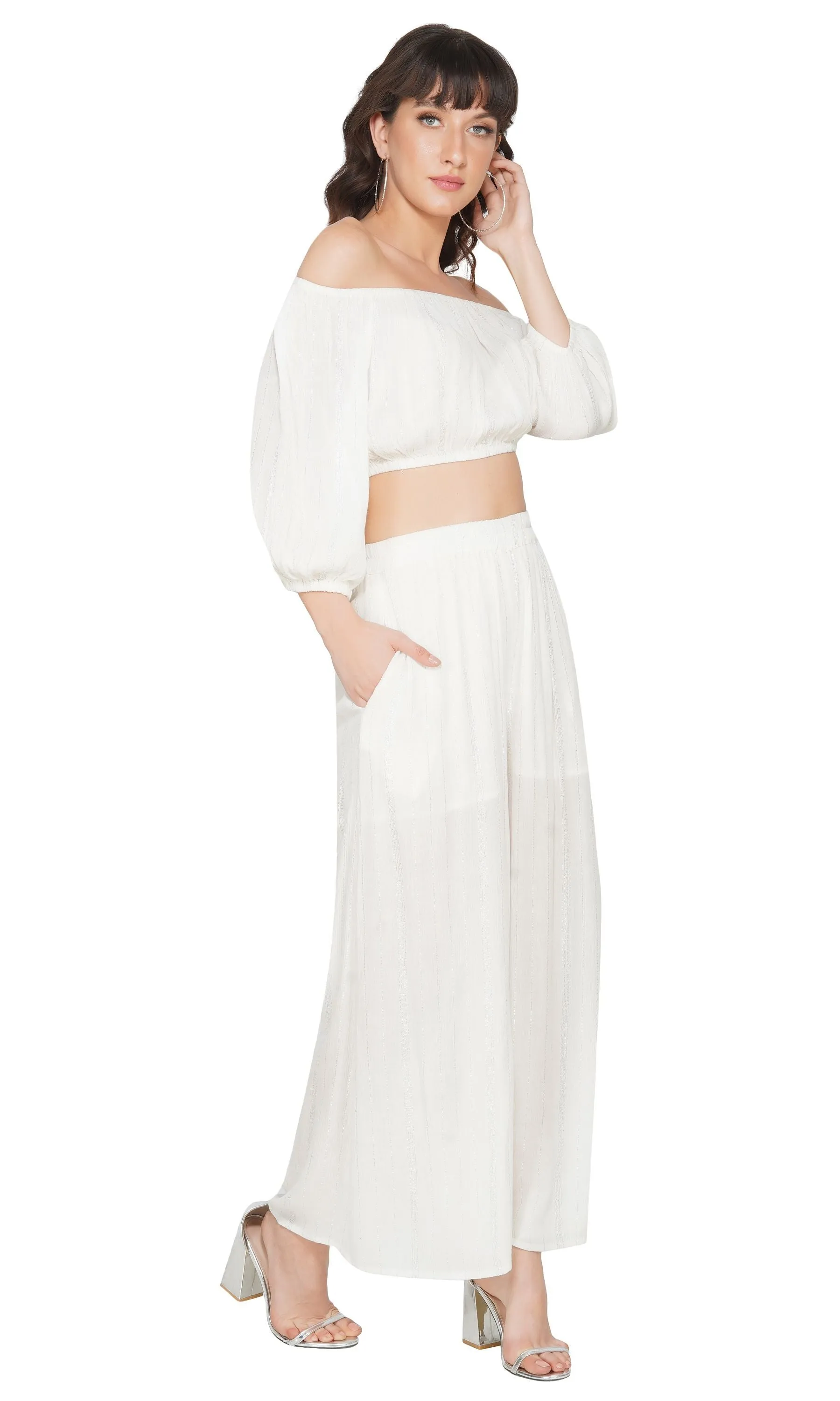 SLAY. Women's White Silver Lurex Off Shoulder Crop Top Palazzo Co-ord Set
