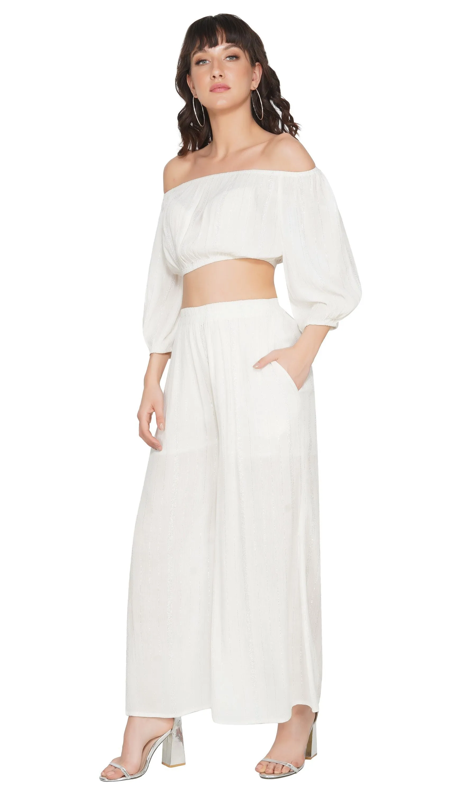 SLAY. Women's White Silver Lurex Off Shoulder Crop Top Palazzo Co-ord Set