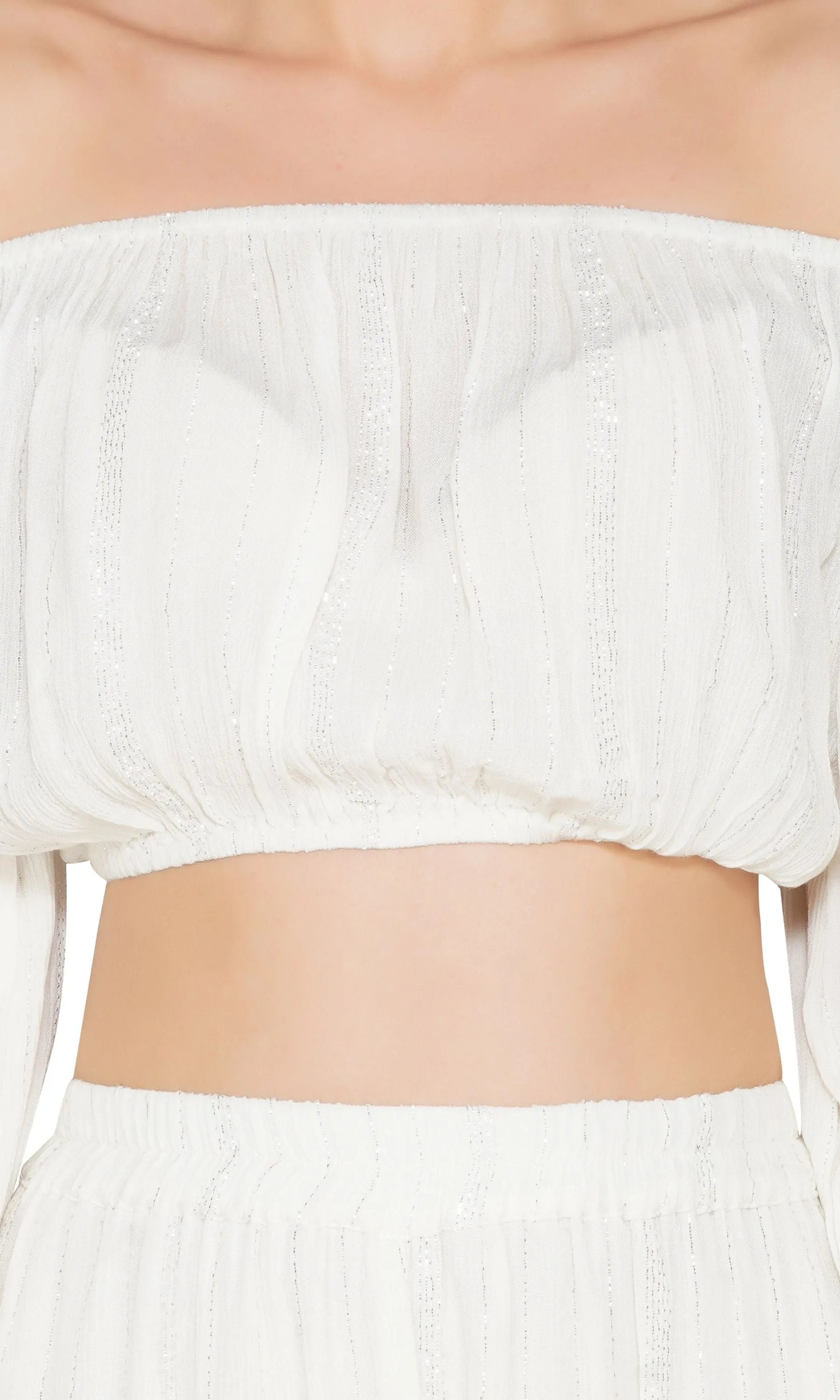 SLAY. Women's White Silver Lurex Off Shoulder Crop Top Palazzo Co-ord Set