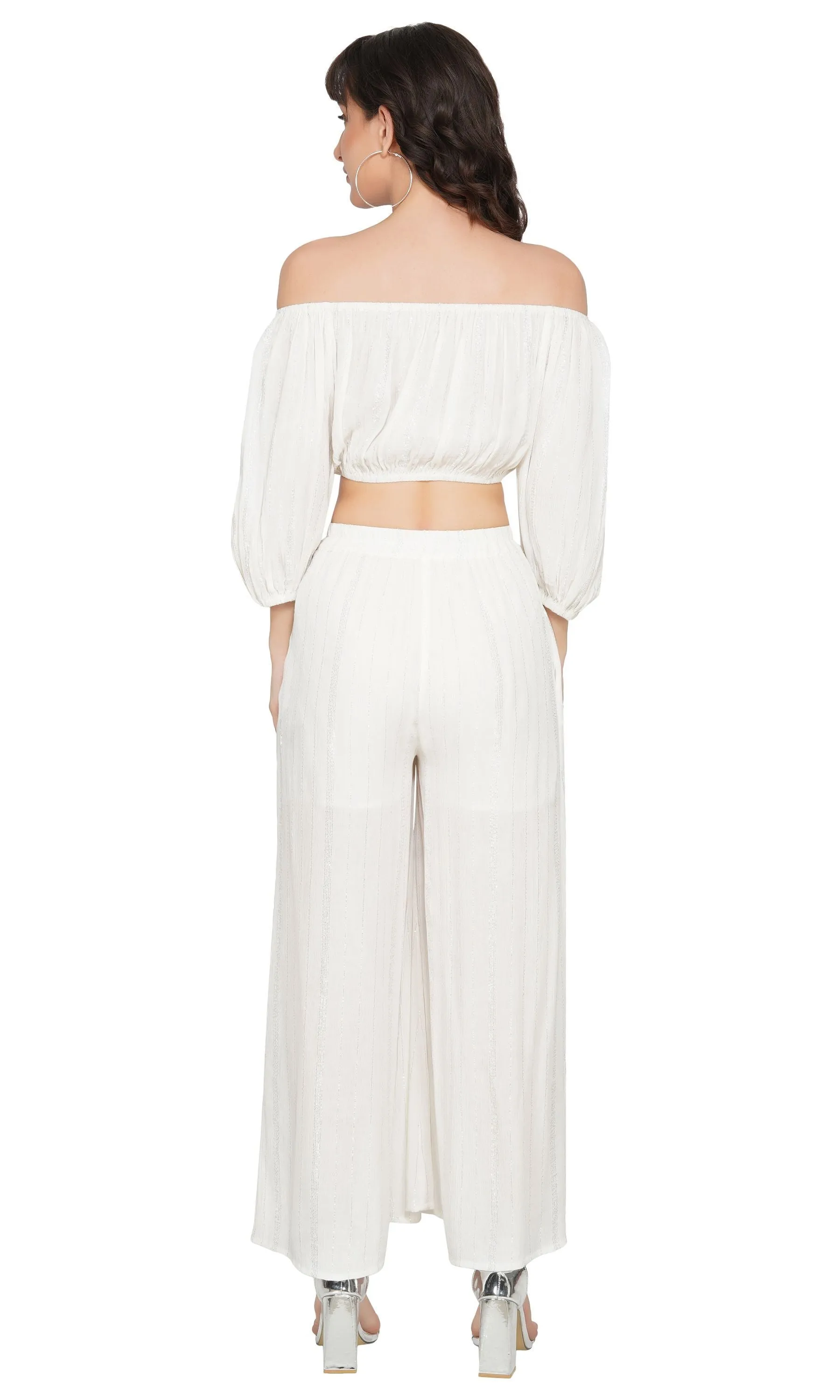 SLAY. Women's White Silver Lurex Off Shoulder Crop Top Palazzo Co-ord Set
