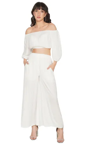 SLAY. Women's White Silver Lurex Off Shoulder Crop Top Palazzo Co-ord Set