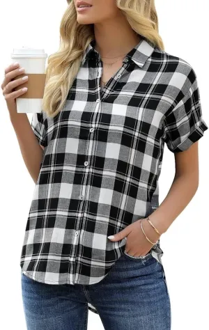 Veatzaer Women's Plaid Short Sleeve Button Down Shirt Casual Summer Blouses Tops