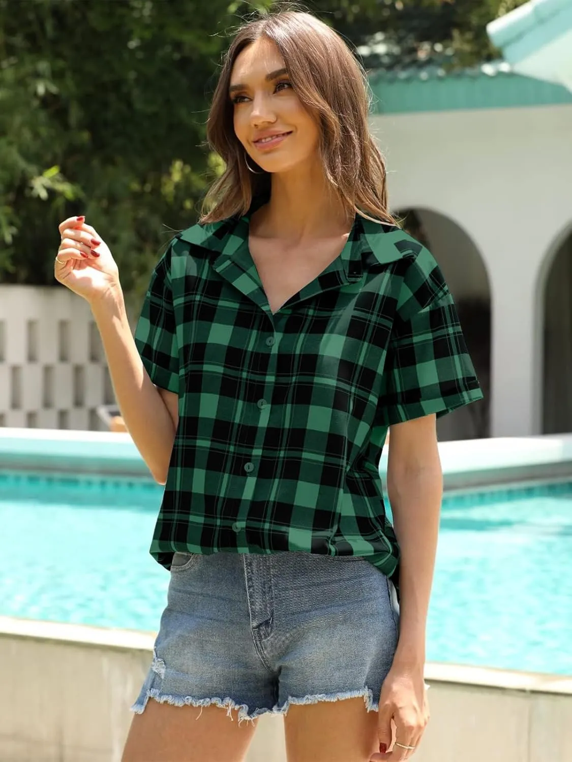 Veatzaer Women's Plaid Short Sleeve Button Down Shirt Casual Summer Blouses Tops