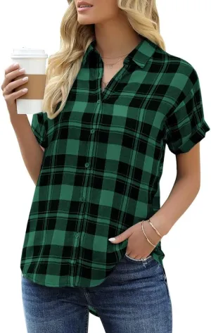 Veatzaer Women's Plaid Short Sleeve Button Down Shirt Casual Summer Blouses Tops