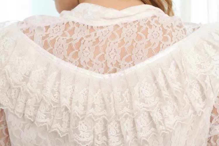 Vintage Lolita Sweet Female Lace Blouse White/Black Sheer Long Sleeve Illusion Neck Lace Top with Ruffles