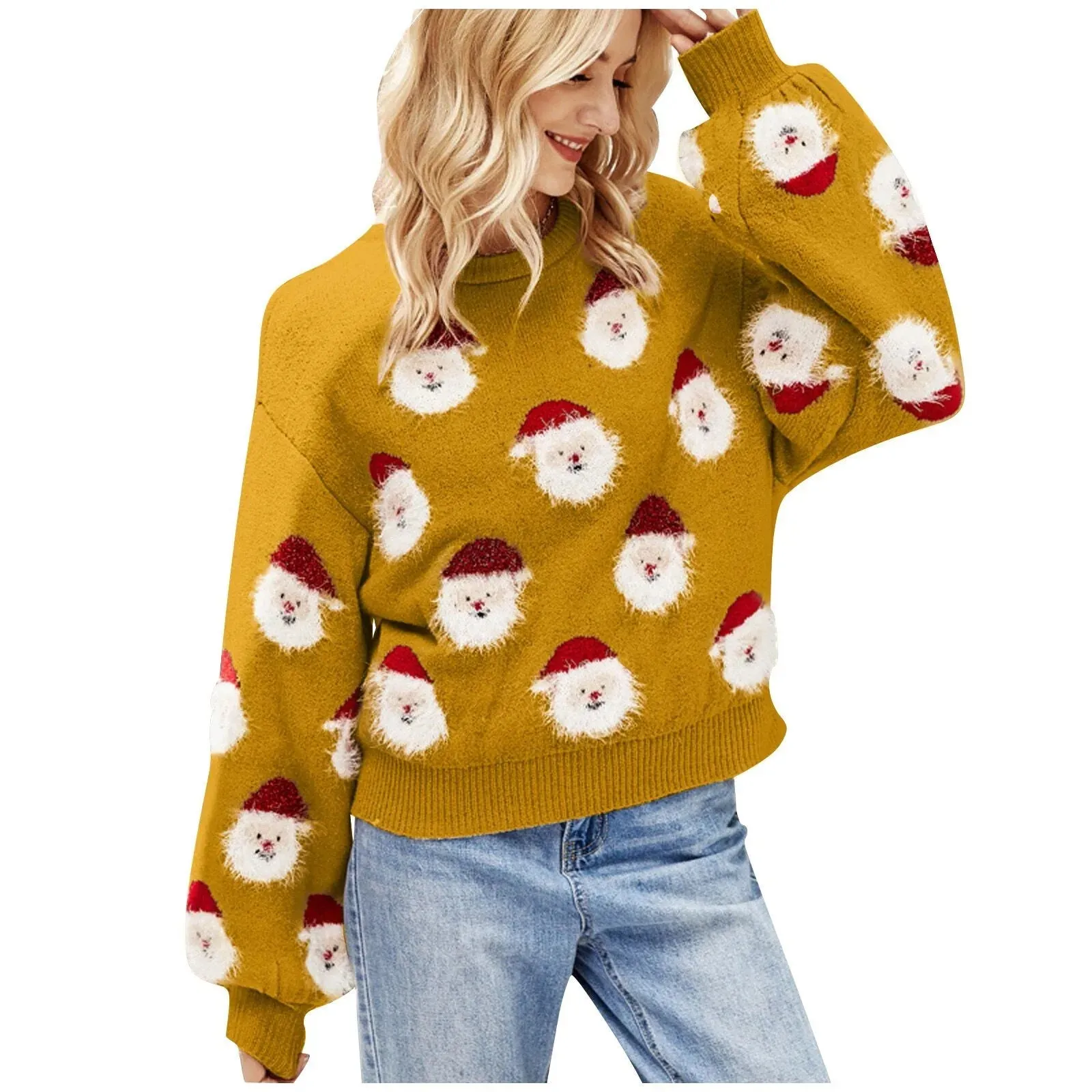 Wenkouban-Christmas Thanksgiving outfits_Soft Funny Christmas Santa Claus Print Loose Round Neck Knitted Christmas Sweater