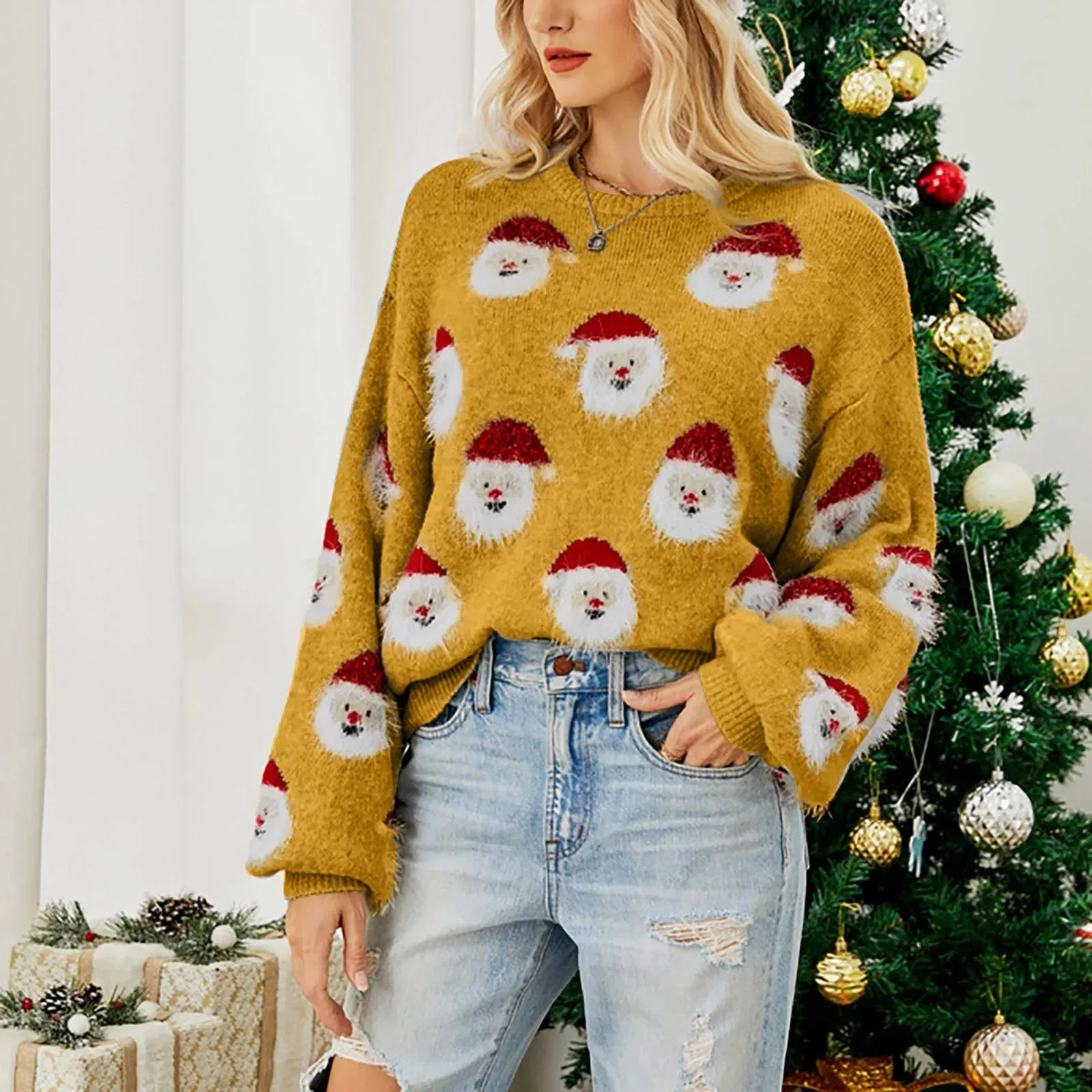 Wenkouban-Christmas Thanksgiving outfits_Soft Funny Christmas Santa Claus Print Loose Round Neck Knitted Christmas Sweater