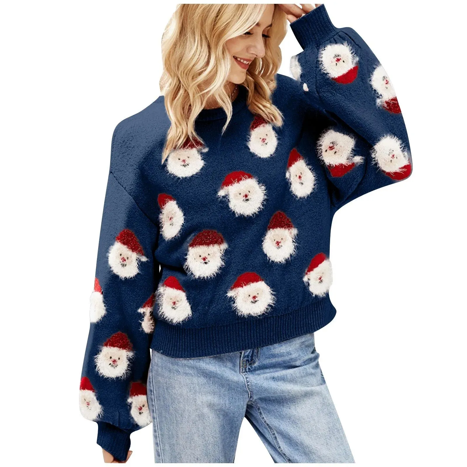 Wenkouban-Christmas Thanksgiving outfits_Soft Funny Christmas Santa Claus Print Loose Round Neck Knitted Christmas Sweater