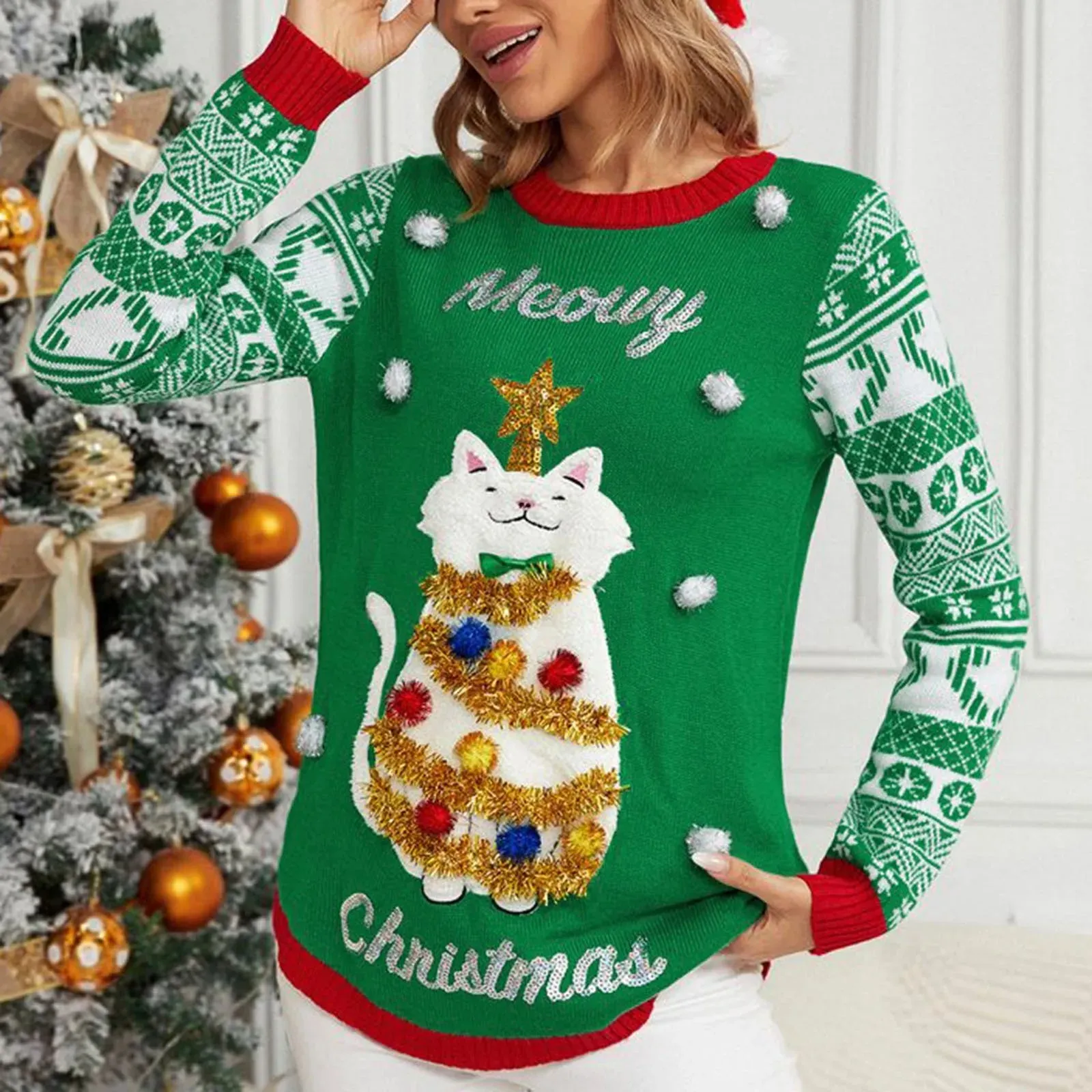 Wenkouban-Christmas Thanksgiving outfits_Thicken Warm Ladies Cartoon Casual Loose Pullover Christmas Sweater
