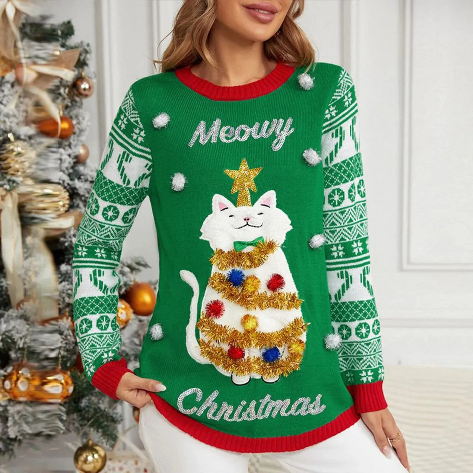 Wenkouban-Christmas Thanksgiving outfits_Thicken Warm Ladies Cartoon Casual Loose Pullover Christmas Sweater