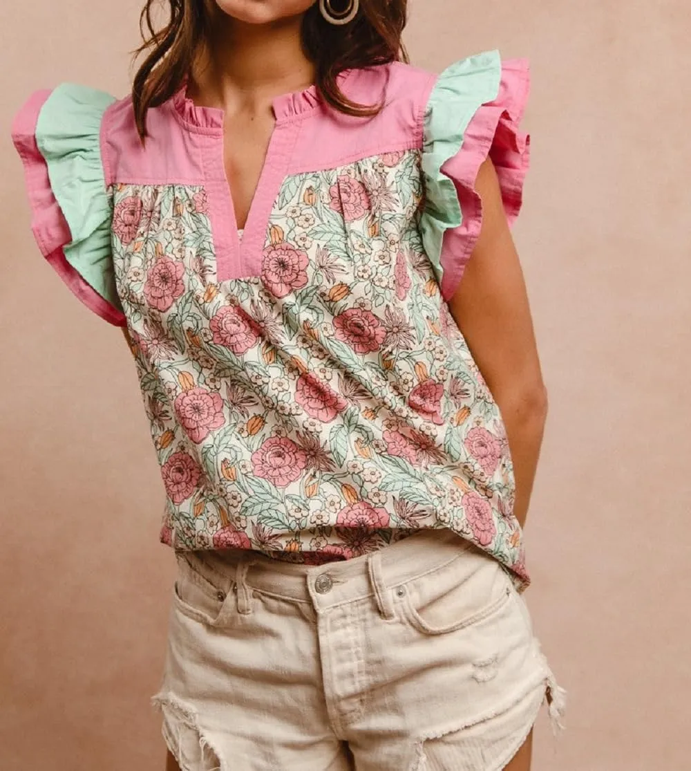 Women Boho Floral Peplum Shirt Flutter Sleeve Ruffle Babyboll Tops V Neck Patchwork Summer Coquette Blouse