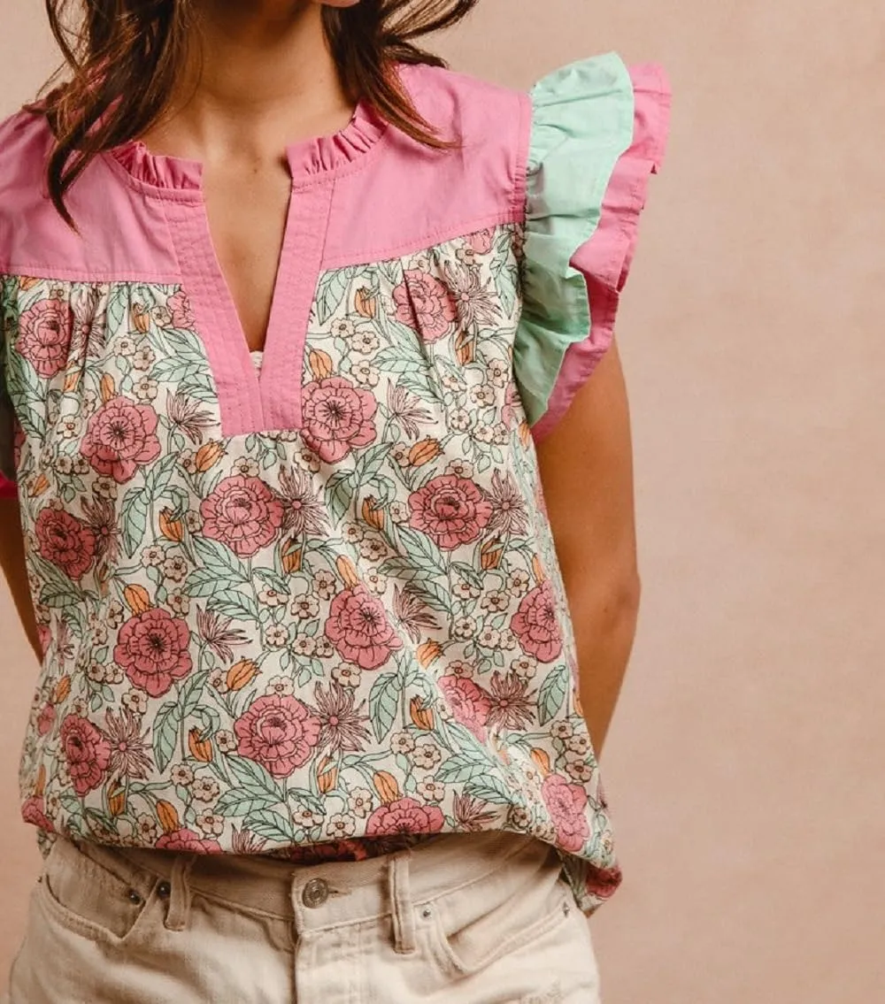 Women Boho Floral Peplum Shirt Flutter Sleeve Ruffle Babyboll Tops V Neck Patchwork Summer Coquette Blouse