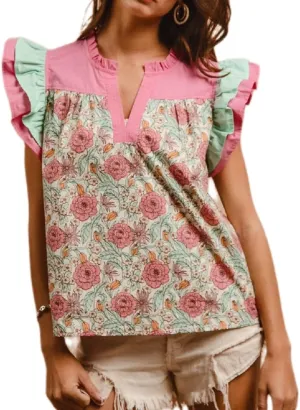 Women Boho Floral Peplum Shirt Flutter Sleeve Ruffle Babyboll Tops V Neck Patchwork Summer Coquette Blouse