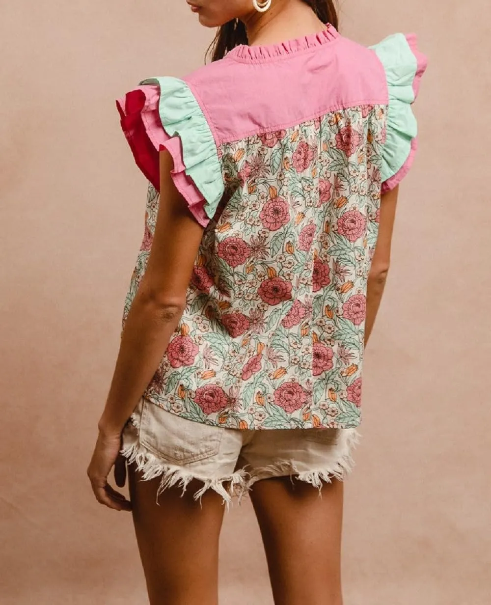 Women Boho Floral Peplum Shirt Flutter Sleeve Ruffle Babyboll Tops V Neck Patchwork Summer Coquette Blouse