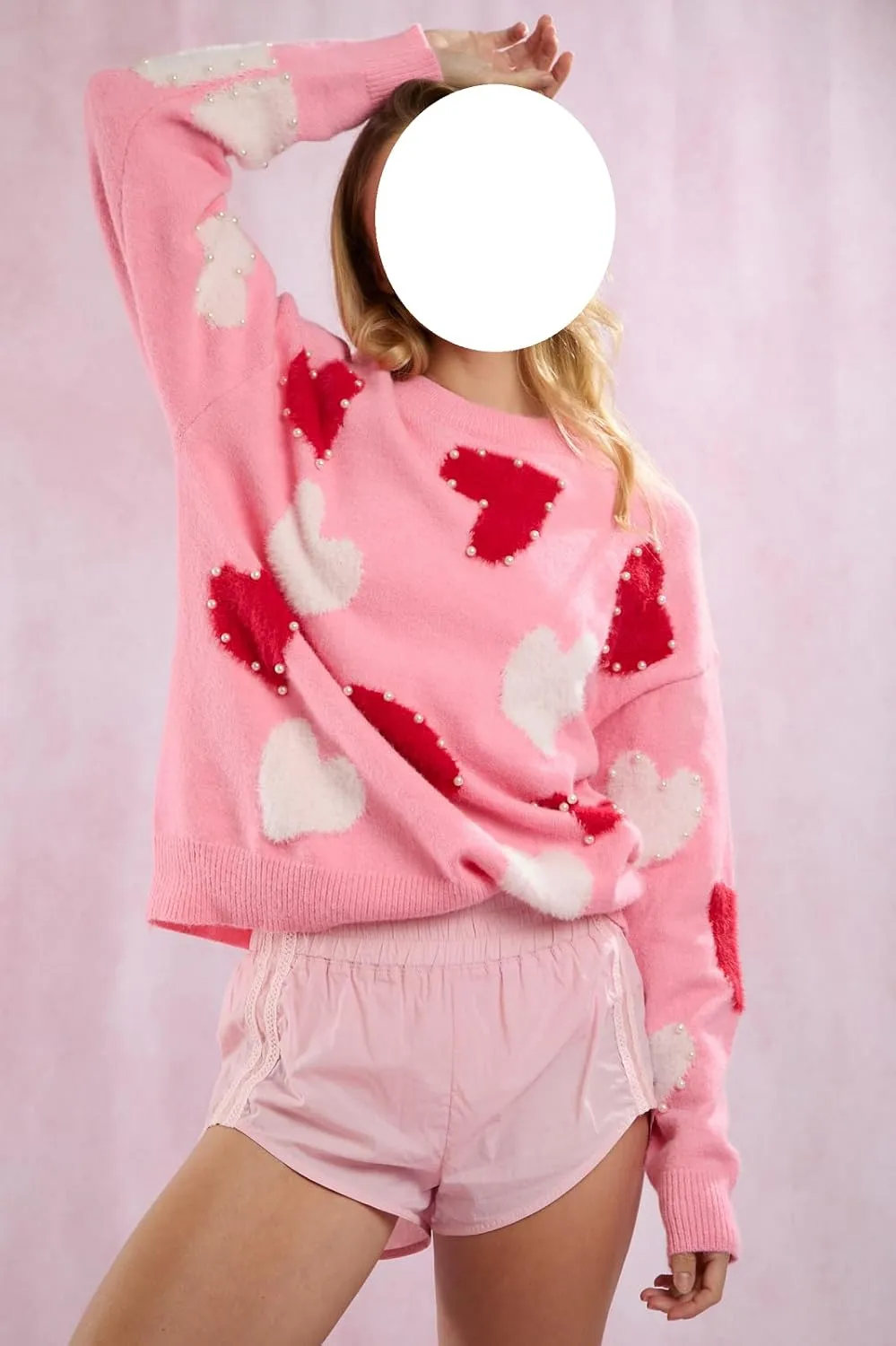 Women Pearl Sweater Love Heart Graphic Knitted Sweatshirts Cute Oversized Pullover Shirts