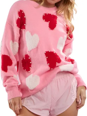 Women Pearl Sweater Love Heart Graphic Knitted Sweatshirts Cute Oversized Pullover Shirts