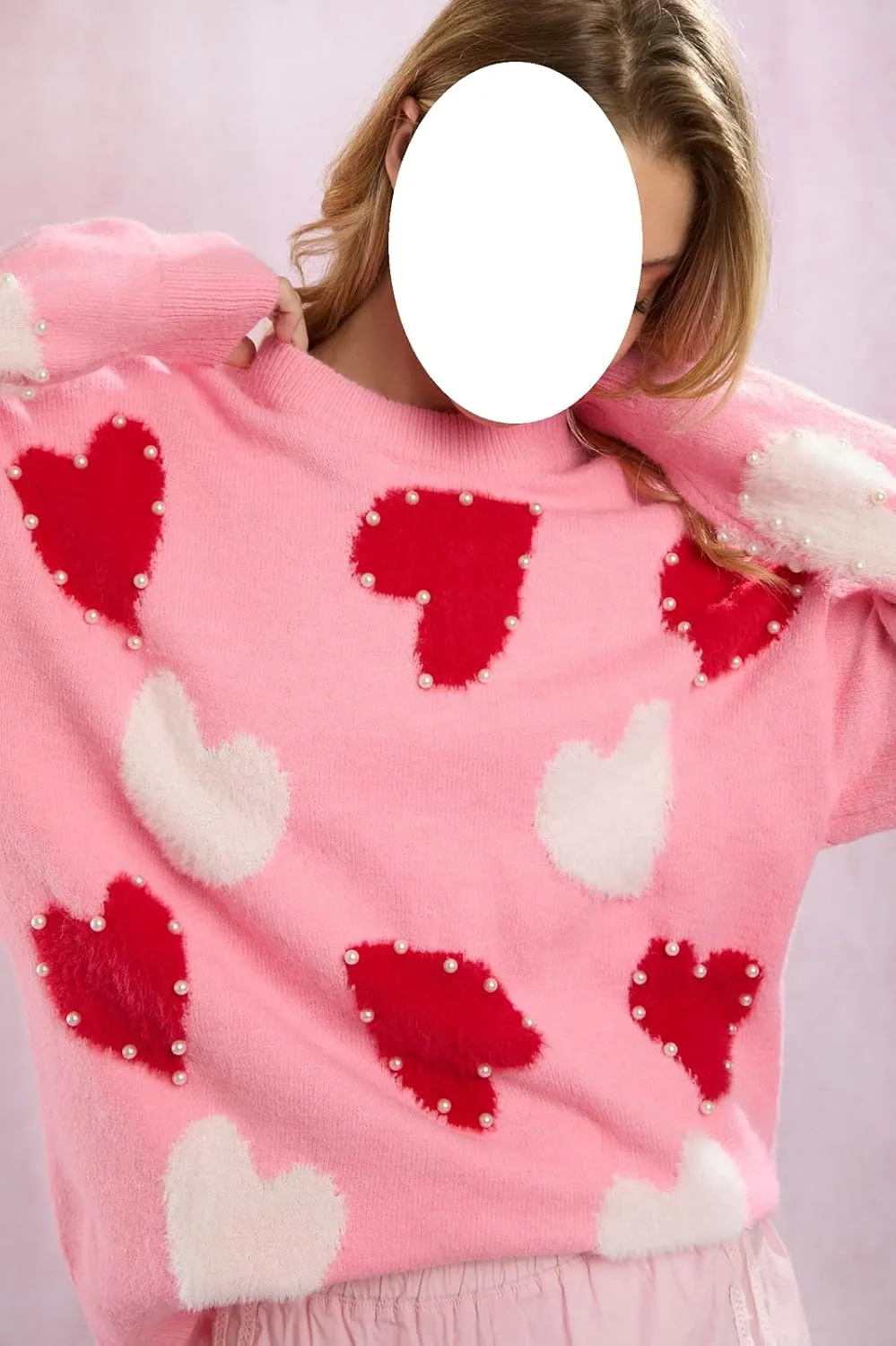 Women Pearl Sweater Love Heart Graphic Knitted Sweatshirts Cute Oversized Pullover Shirts