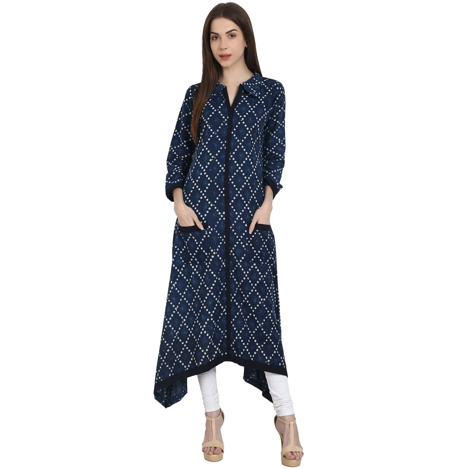 Women Printed Blue Long Sleeves Shirt Collar Cotton A-Line Kurta