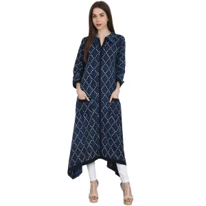 Women Printed Blue Long Sleeves Shirt Collar Cotton A-Line Kurta