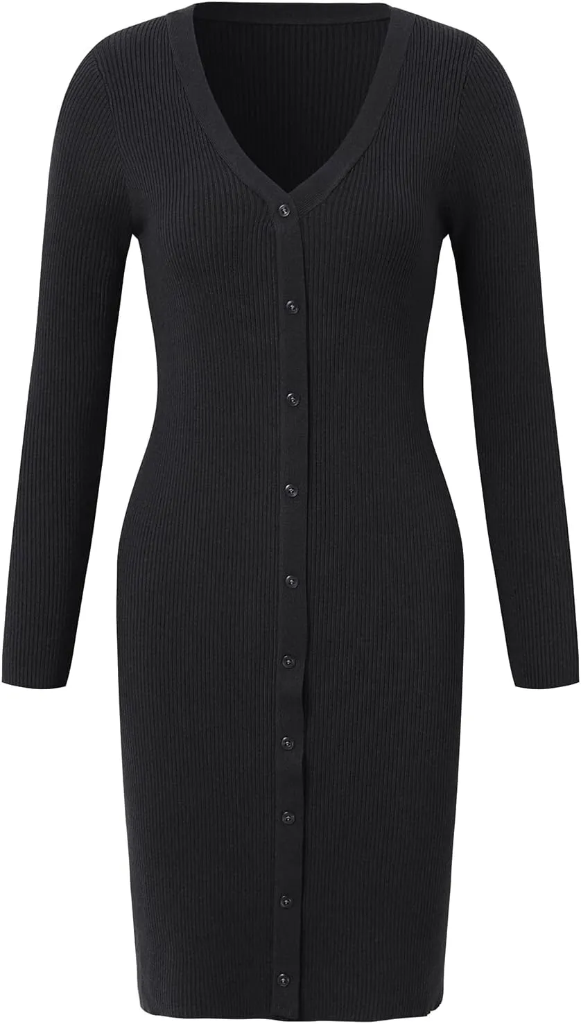 Women V-Neck Long Sleeve Slim Fall Sweater Knitted Midi Dress