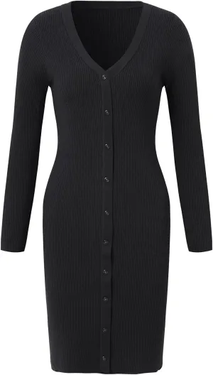 Women V-Neck Long Sleeve Slim Fall Sweater Knitted Midi Dress