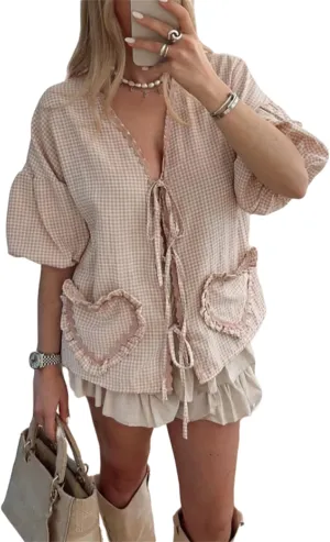 Women Y2k Love Heart Embroidery Peplum Blouse Puff Sleeve Tie Front Plaid Shirt Teen Girls Cute Summer Shirt