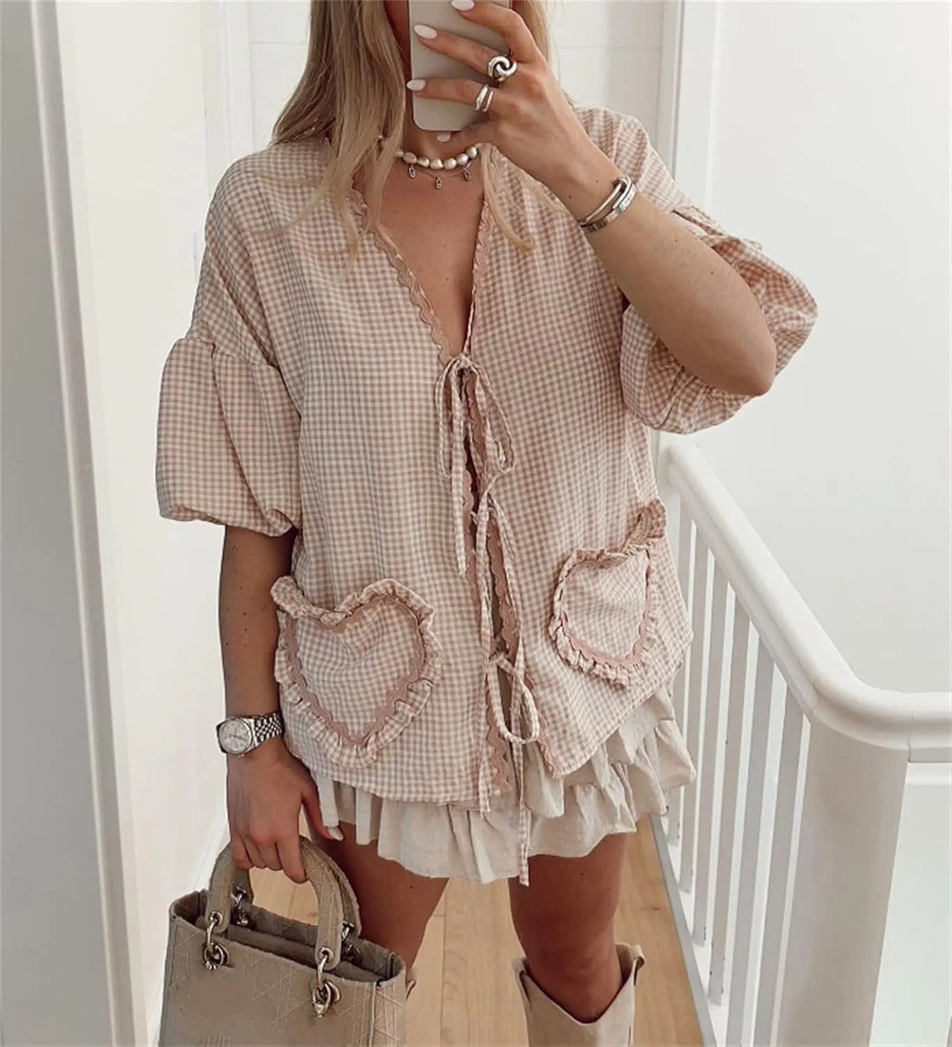 Women Y2k Love Heart Embroidery Peplum Blouse Puff Sleeve Tie Front Plaid Shirt Teen Girls Cute Summer Shirt