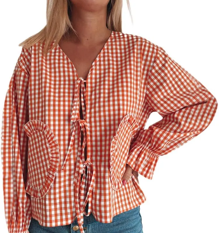 Women Y2k Love Heart Embroidery Peplum Blouse Puff Sleeve Tie Front Plaid Shirt Teen Girls Cute Summer Shirt