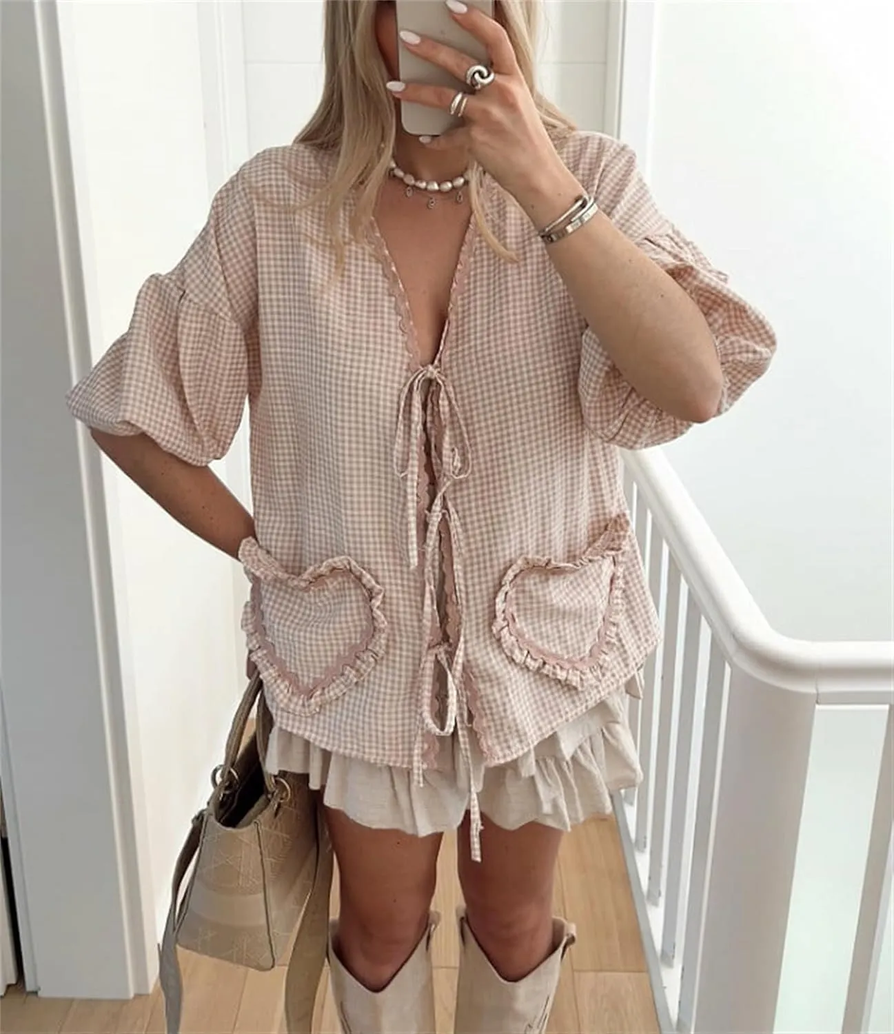 Women Y2k Love Heart Embroidery Peplum Blouse Puff Sleeve Tie Front Plaid Shirt Teen Girls Cute Summer Shirt