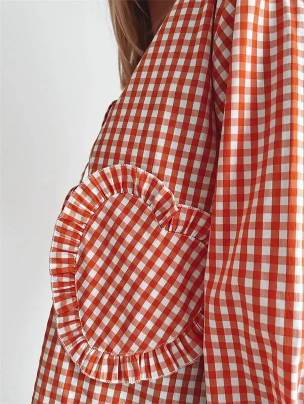 Women Y2k Love Heart Embroidery Peplum Blouse Puff Sleeve Tie Front Plaid Shirt Teen Girls Cute Summer Shirt
