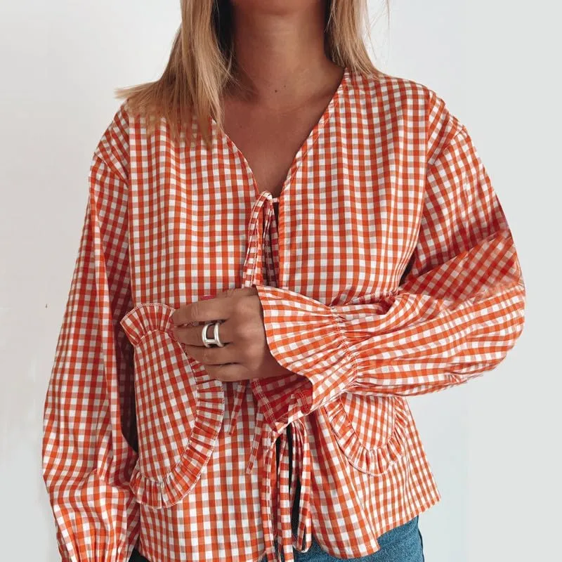 Women Y2k Love Heart Embroidery Peplum Blouse Puff Sleeve Tie Front Plaid Shirt Teen Girls Cute Summer Shirt