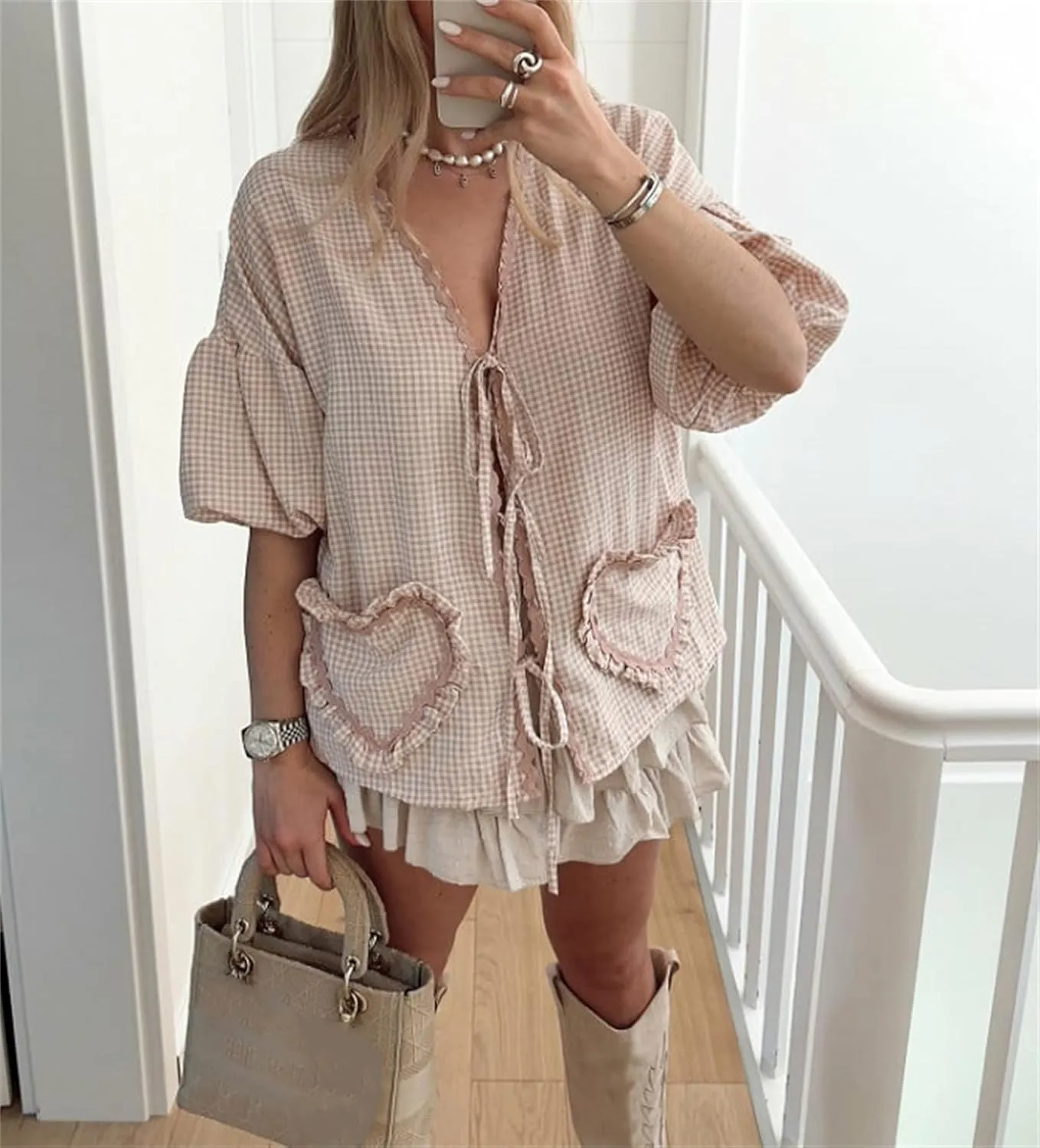 Women Y2k Love Heart Embroidery Peplum Blouse Puff Sleeve Tie Front Plaid Shirt Teen Girls Cute Summer Shirt