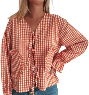 Women Y2k Love Heart Embroidery Peplum Blouse Puff Sleeve Tie Front Plaid Shirt Teen Girls Cute Summer Shirt