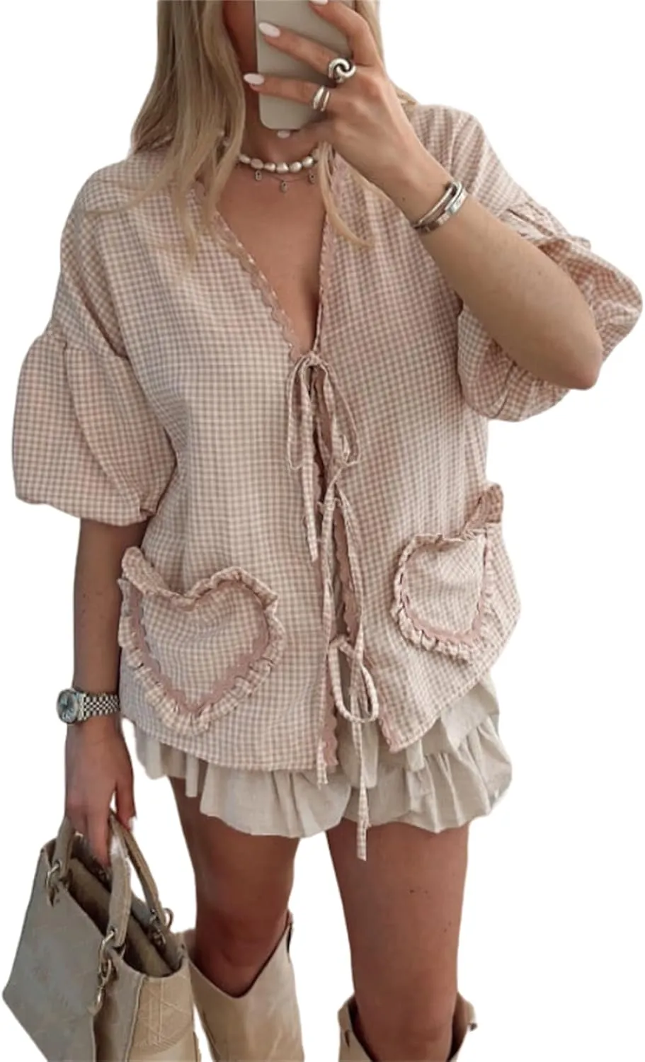 Women Y2k Love Heart Embroidery Peplum Blouse Puff Sleeve Tie Front Plaid Shirt Teen Girls Cute Summer Shirt