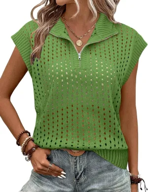 Womens Hollow Out Sweater Vest Summer Casual Quarter Zip Cap Sleeve Crochet Knit Tops