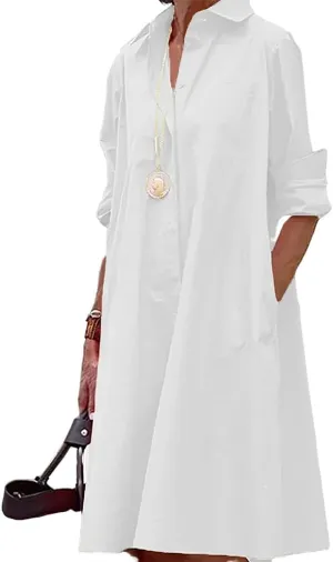 Womens Linen Long Sleeve Simple Printed Button Down Shirt Dress Plus Size Loose Shirt Dresses for Women with 2 Pockets