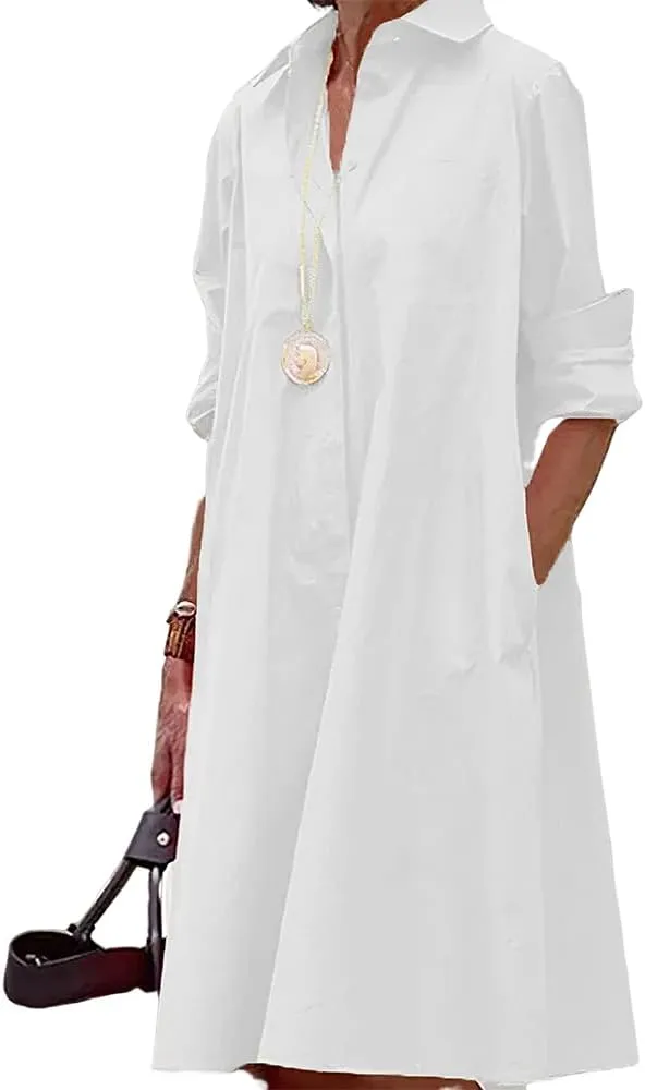Womens Linen Long Sleeve Simple Printed Button Down Shirt Dress Plus Size Loose Shirt Dresses for Women with 2 Pockets