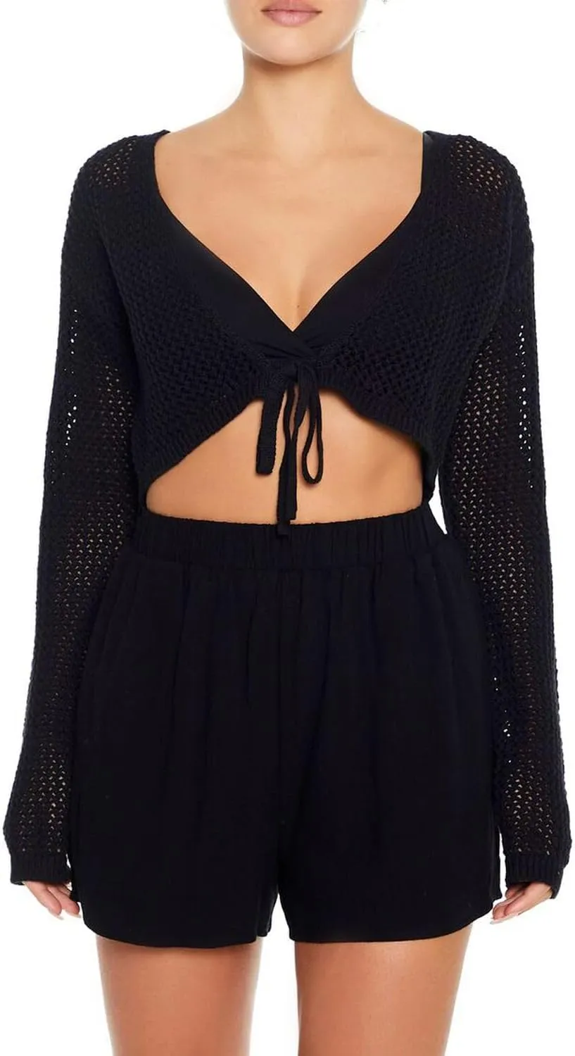 Women's Tie Front Cardigan Shrugs for Dresses Summer Lightweight Crop Top Knit Crochet Sweater Beach Cover Up