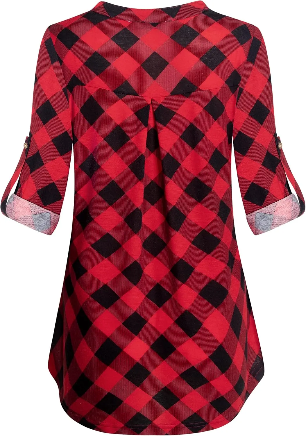 Women's Zip Up V Neck 3/4 Rolled Sleeve Casual Tunic Shirt