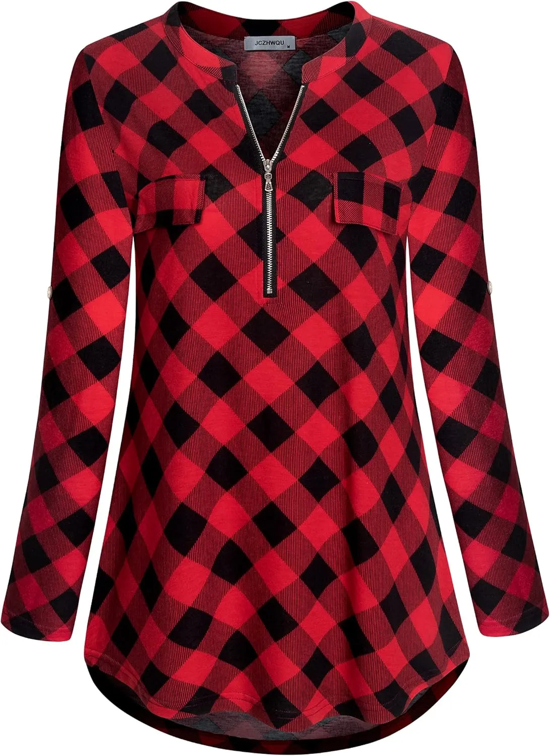 Women's Zip Up V Neck 3/4 Rolled Sleeve Casual Tunic Shirt