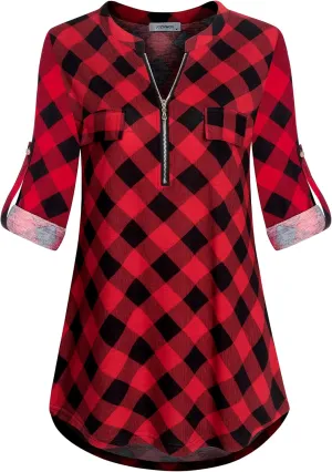 Women's Zip Up V Neck 3/4 Rolled Sleeve Casual Tunic Shirt