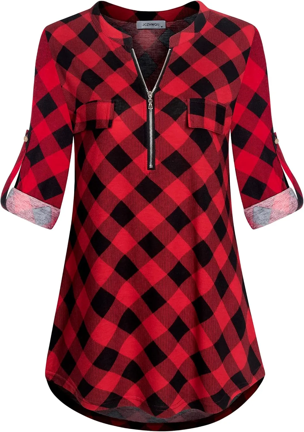 Women's Zip Up V Neck 3/4 Rolled Sleeve Casual Tunic Shirt
